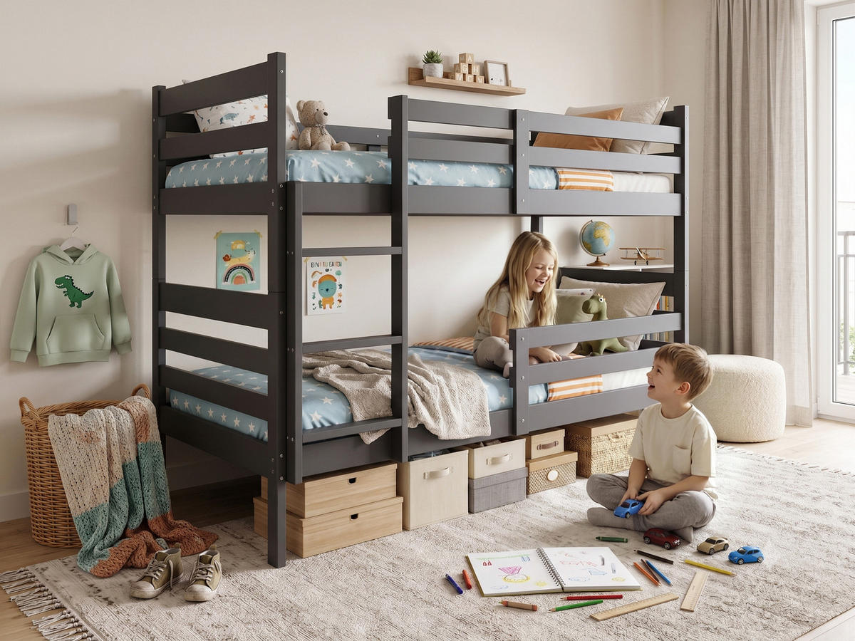 ETAGENBETT ERYK 90/200 cm aus massivem Kiefernholz, grafit, ohne Matratzen - Graphitfarben, Holz - Interbeds