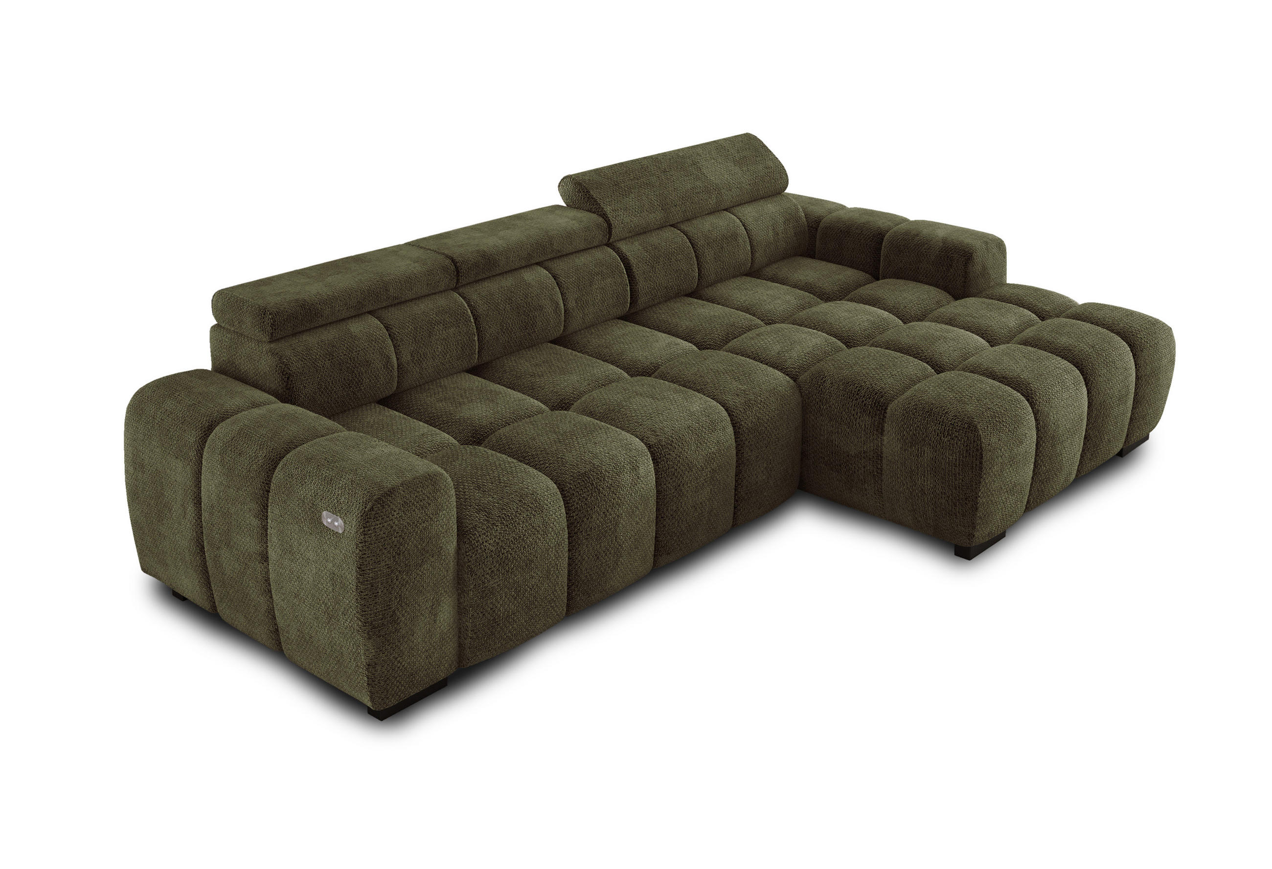 ECKSOFA OMBO 285x168x77/97 cm, Rechts, Schlaffunktion, elektr. Sitz, Kopfstützen, hydrophober EDEN-Stoff – Olivgrün - Olivgrün, Holz/Textil (285/168cm) - DomoHome