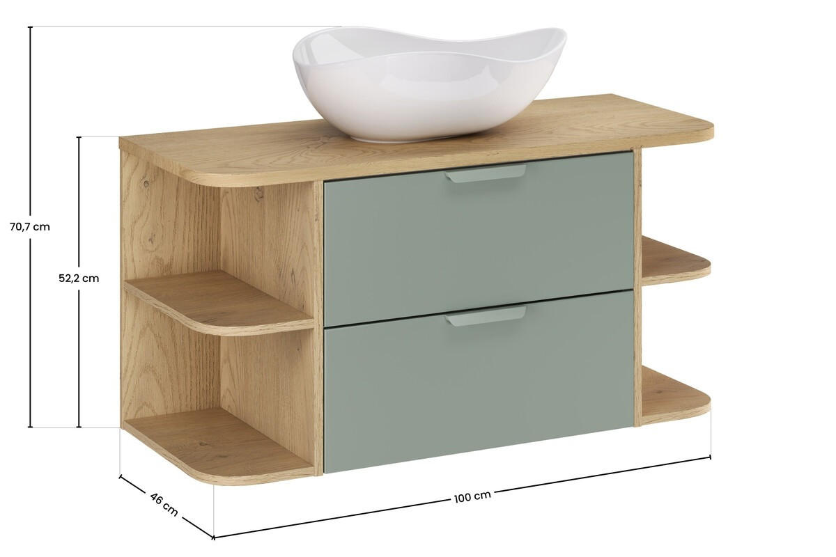 WASCHTISCHKOMBI 100 cm 5 Teile - Aster Green A BM409 in Grün Matt / Cremona-Eiche - Eichefarben/Weiß Hochglanz, Holz/Keramik (100/52.5/46cm)