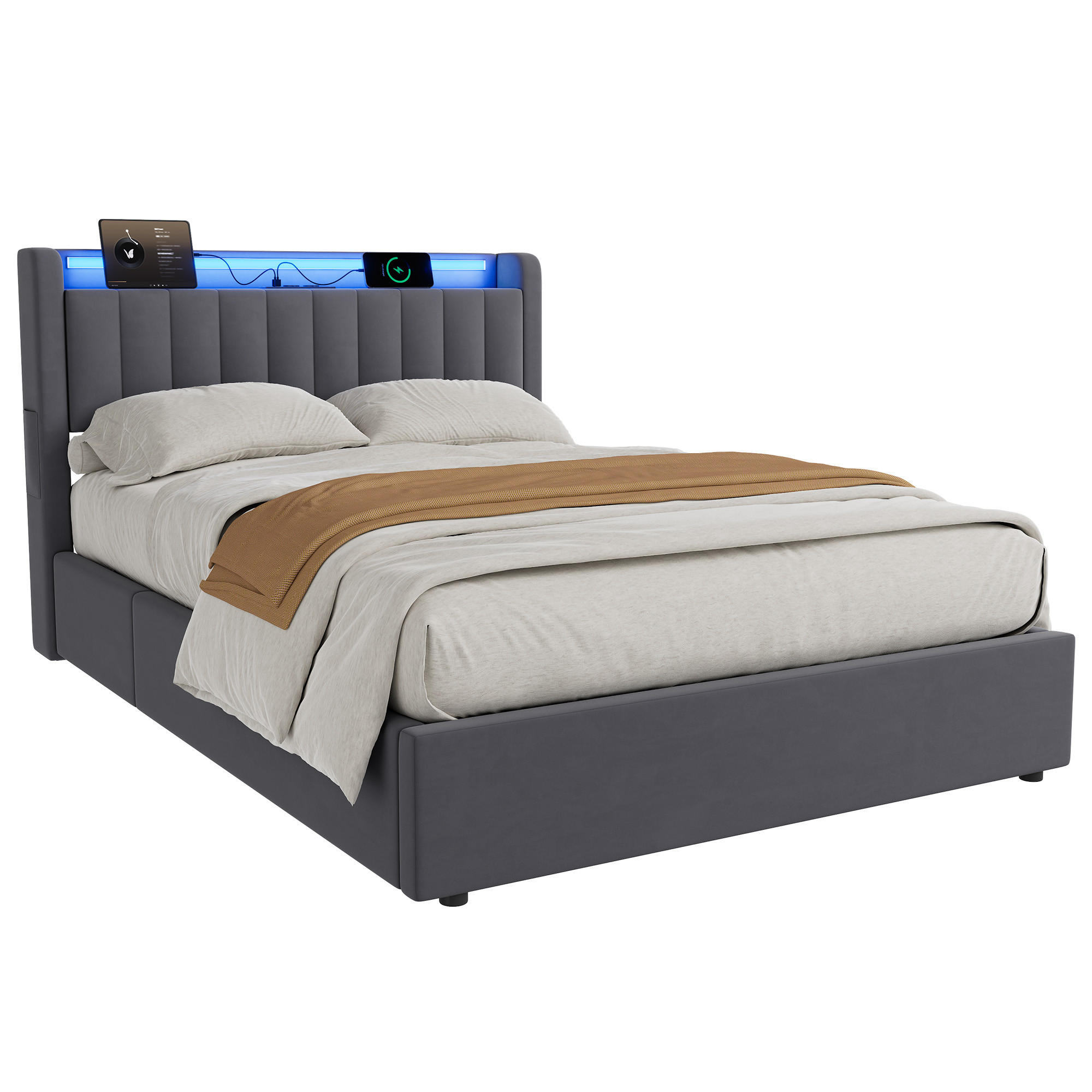 WISHDOR ČALOUNĚNÁ POSTEL 140/200 cm v šedé barvě, s úložným prostorem, USB a LED osvětlením, bez matrace