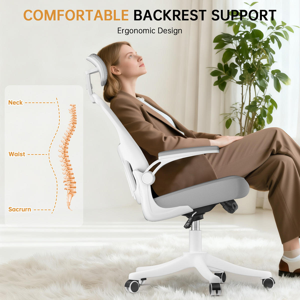 BÜROSTUHL ergonomisch Weiß-Grau mit Lendenstütze - Grau, Metall (58.5/28.5/61cm) - Rattrix