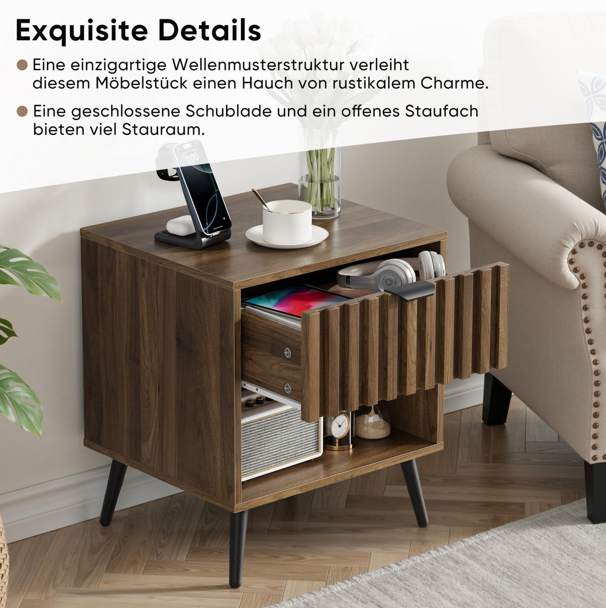 NACHTTISCH 45/40/53 cm in Walnuss mit Schublade und offenem Fach - Walnussfarben, Holzwerkstoff (45/53/40cm) - Flora Grace