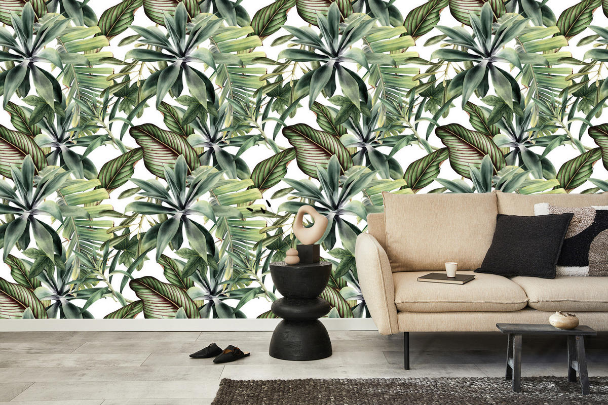 VLIESTAPETE Tropische Bananenblätter – Grün, Weiß – 50x1000 cm - Weiß/Grün, Papier (50/1000cm) - Muralo