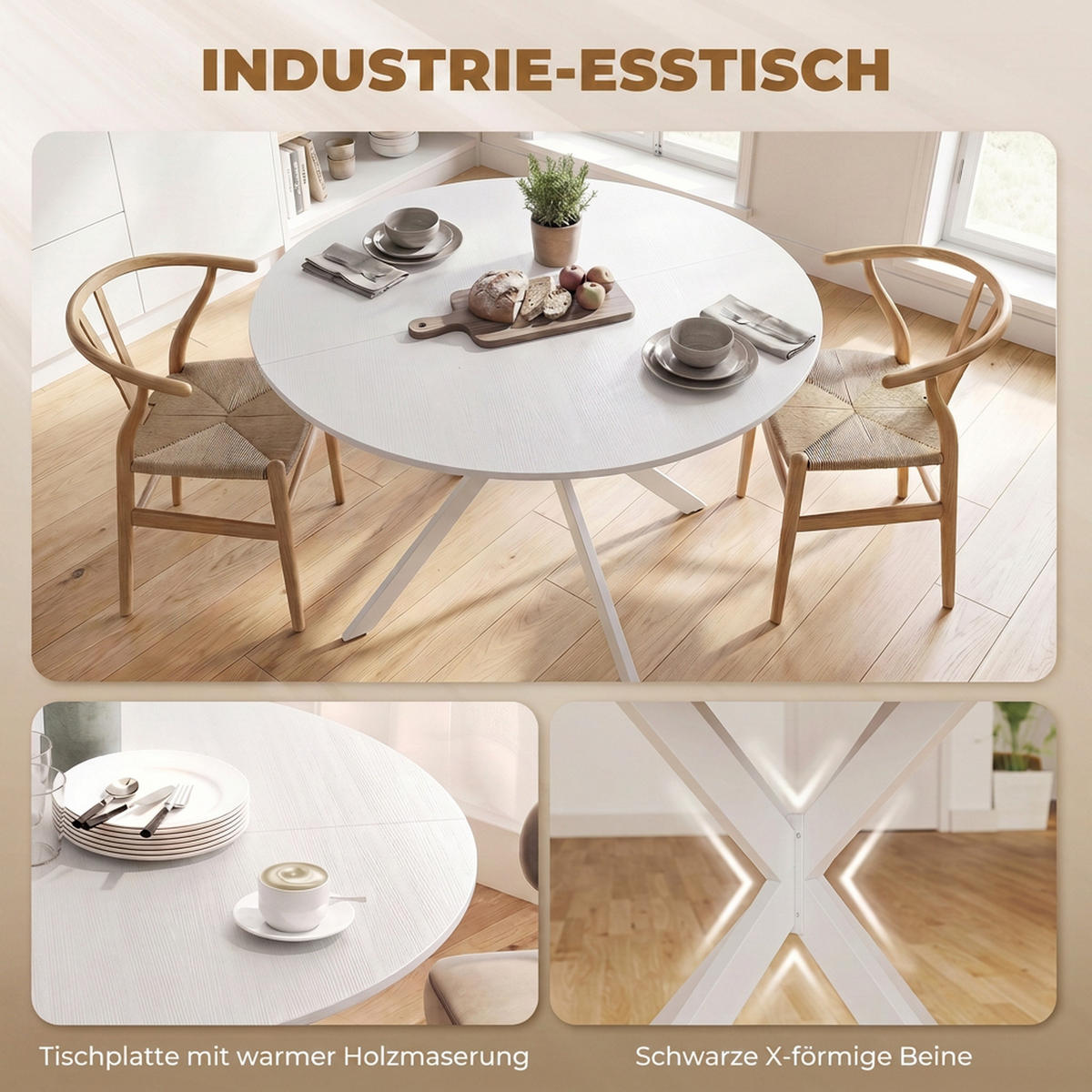 ESSTISCH Spanplatte Stahl Weiß - Weiß, Metall (120/120/75cm) - HOMCOM