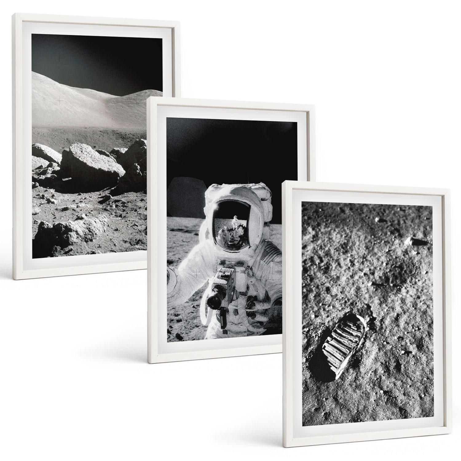 BILDER SET 3er Set - 40x60 cm Weißer Rahmen - NASA-Fotos vom Mond Astronaut - Weiß, Kunststoff (40/60cm) - TULUP