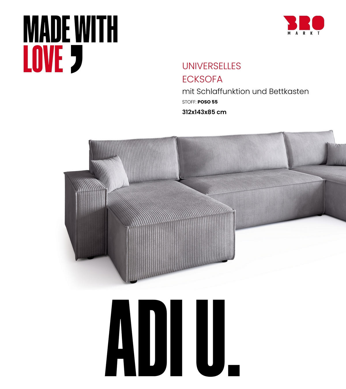 WOHNLANDSCHAFT ADI U mit Schlaffunktion Cordstoff Hellgrau - Hellgrau, Textil (312/85/143cm) - Bromarkt