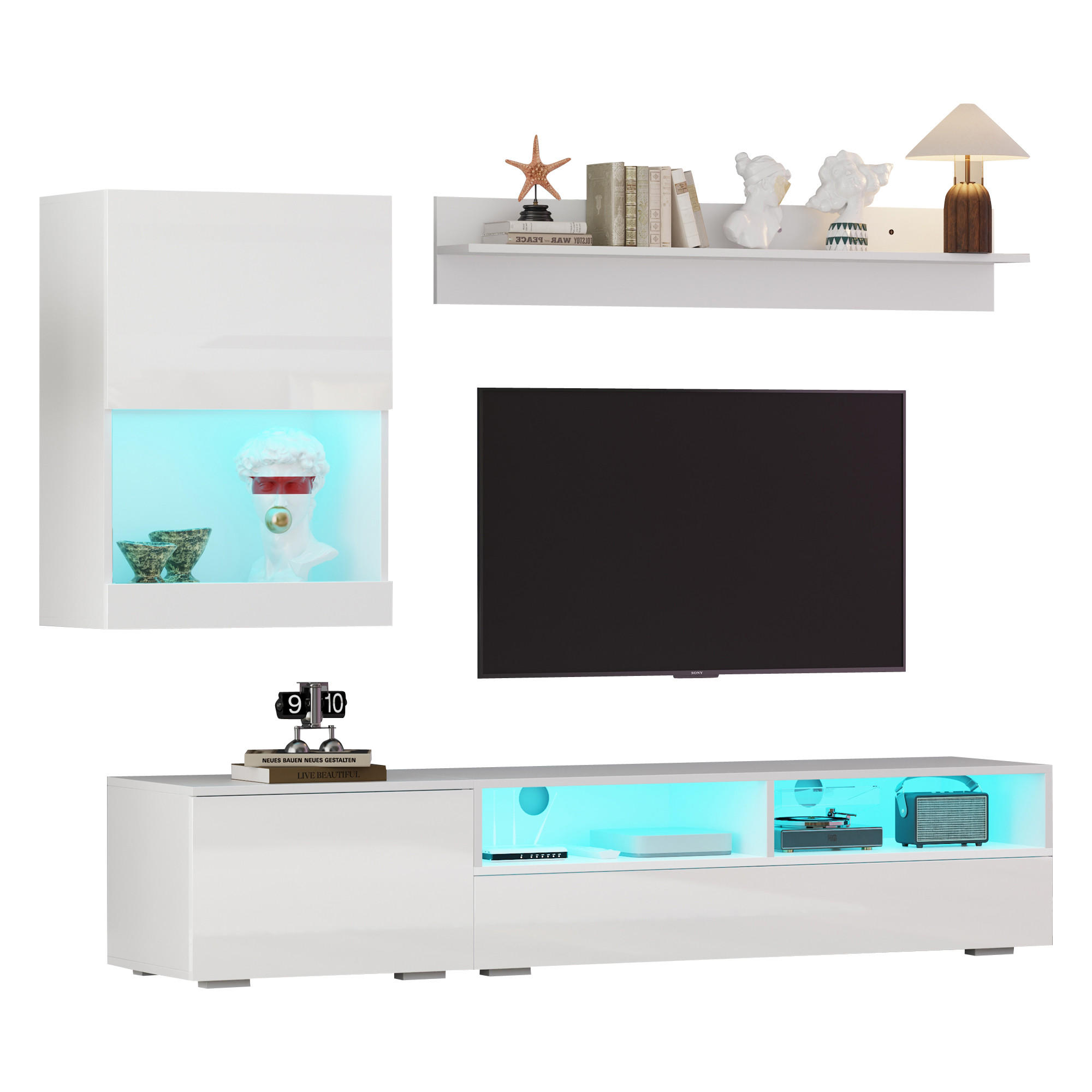 WOHNWAND 3-teilig LED Hochglanz TV Schrank Weiß - Weiß, Holzwerkstoff (175/34/39cm) - FLIEKS