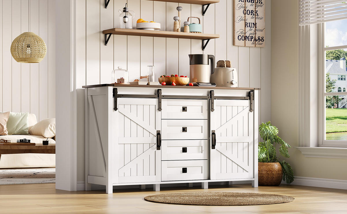 SIDEBOARD im modernen Landhausstil mit 2 Schiebetüren und 4 Schubladen, MDF, 137/40/81,5 cm, Weiß - Weiß, Holzwerkstoff (137/81.5/40cm) - Redom