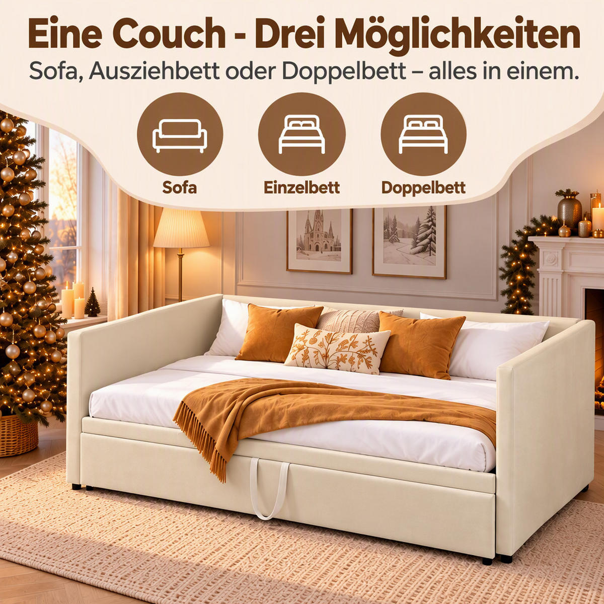 TAGESBETT 90/180/200 cm,Ausziehbar Schlafsofa,Beige - Beige, Holz/Metall (180/200cm) - PARAFTA HOME