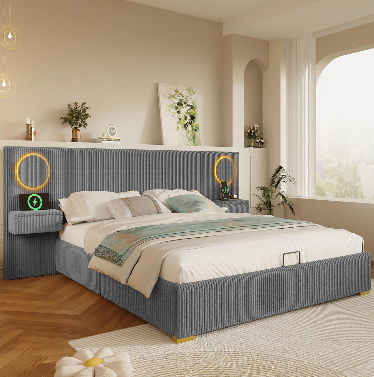 ČALOUNĚNÁ postel 180/200 cm s LED osvětlením, USB porty a hydraulickým úložným prostorem, Šedá - šedá, textil (180/200cm) - Redom