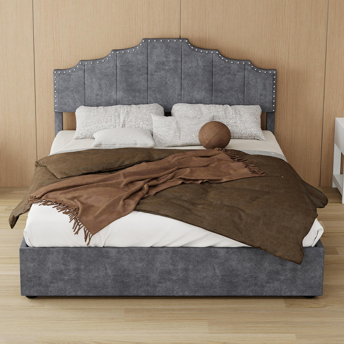 BETTRAHMEN 140/200 cm, Grau, Velours, ohne Kopfteil - Grau, Holz (140/200cm) - SHOPENTRA