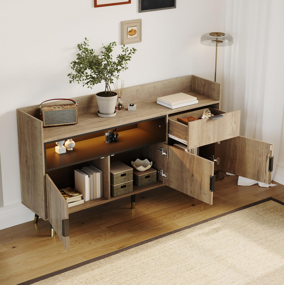 SIDEBOARD 160/35/82 cm naturfarben aus Holzwerkstoff mit LED, Schublade und Türen - Naturfarben, Holzwerkstoff (160/82/35cm) - OKWISH