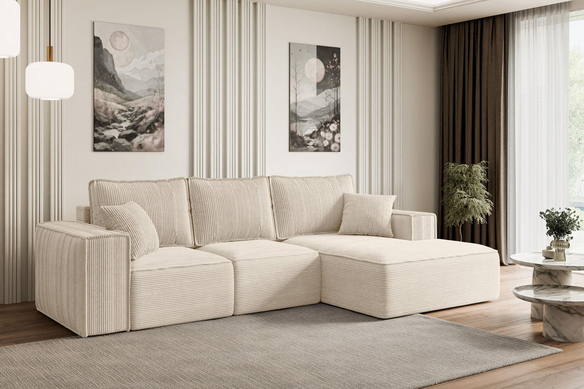 ECKSOFA mit Schlaffunktion und Bettkasten SERRA-L-S - 266x161x87 cm Beige Cord - Beige/Schwarz, Holzwerkstoff/Kunststoff (266/161cm) - ALTDECOR