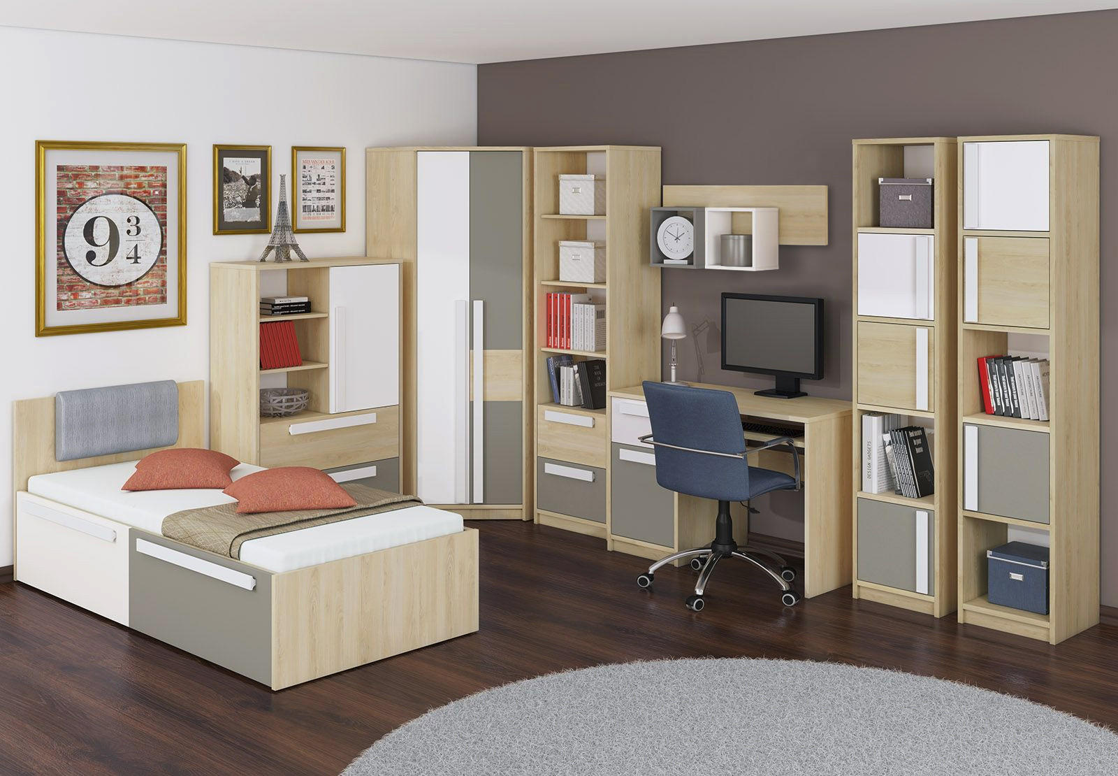 Thumbnail - Feldmann-Wohnen Kinderzimmer-Set, Weiß, Grau, Holz, 19 Fächer, 7 Schubladen, Rechteckig, 621x199x205 cm, Kinder- & Jugen...
