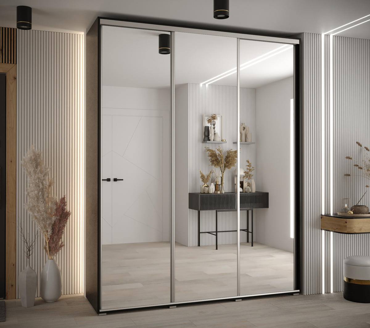SCHWEBETÜRENSCHRANK 235,2/200/60 3-türig - Silberfarben/Schwarz, Holz/Metall (200/235/60cm) - Abiks Möbel