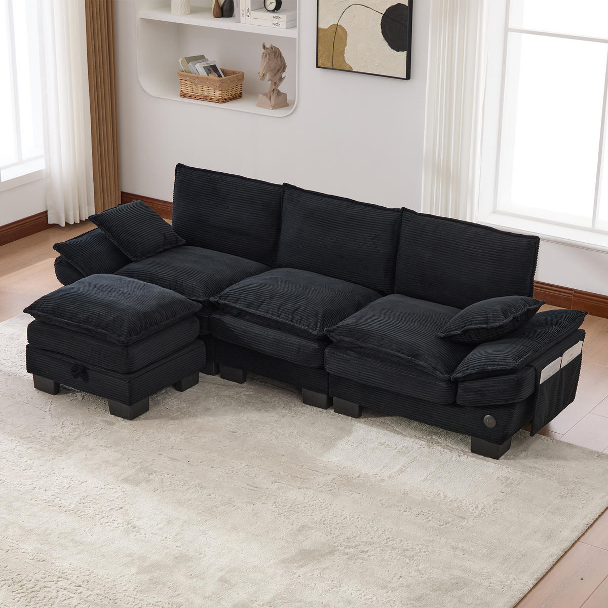 3-SITZER Sofa aus Cord 260x132x84 cm mit Hocker & USB-C, schwarz - Schwarz, Textil (132/84/260cm)