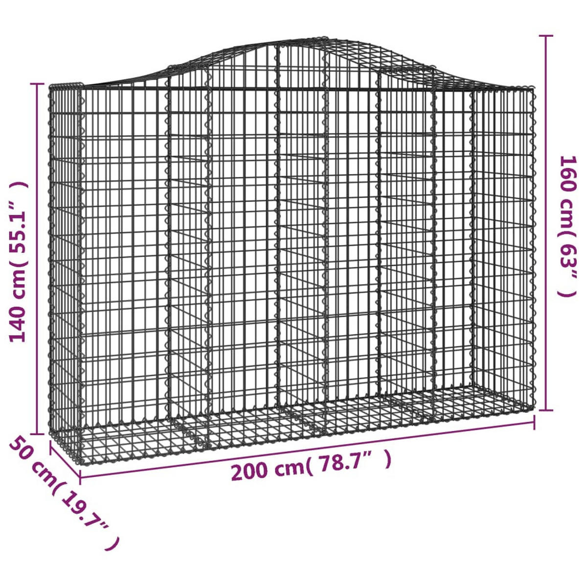 GABIONE Mit Hochbogen 200/50/140/160 Cm Verzinktes Eisen - Silberfarben, Metall (200/160/50cm) - vidaXL