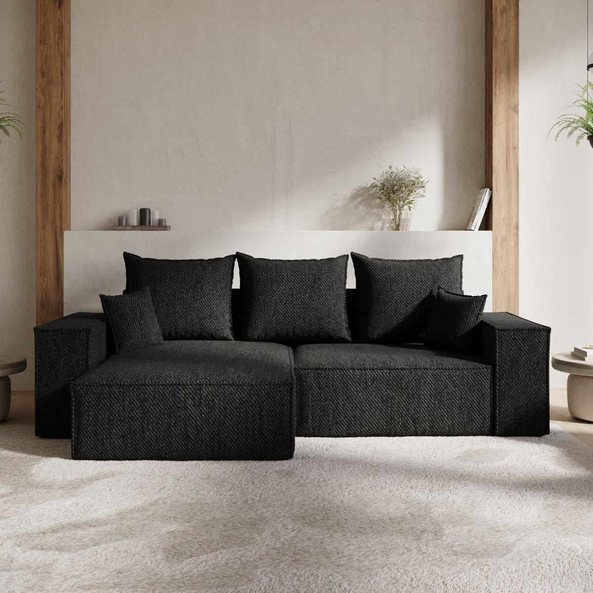 ECKSOFA SENSO mit Schlaffunktion Schwarz im Neve Stoff - Schwarz, Holz/Holzwerkstoff (255/148cm) - AltaBeds