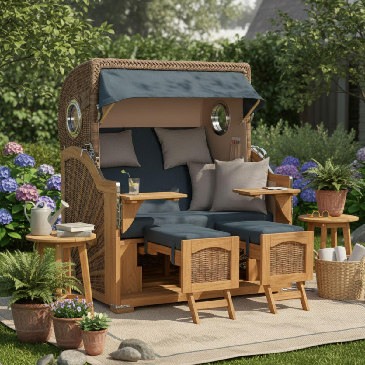 STRANDKORB Komplettset Düne Grande Teak Bullauge PE Banana Dessin 593 - Blau/Braun, Naturmaterialien/Metall (142/170/95cm) - Mr. Deko