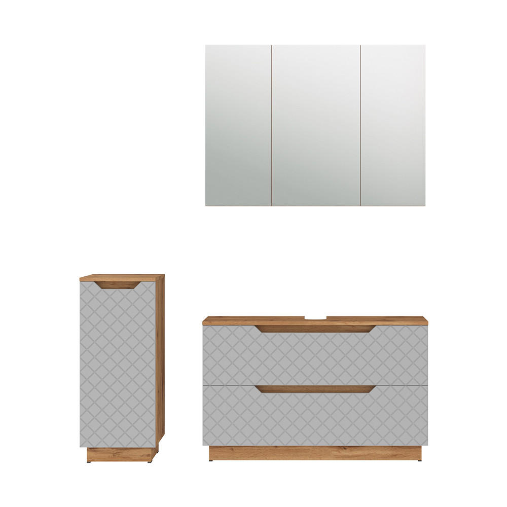 BADMÖBEL-SET Lotta Eiche/Grau mit Kachelstruktur 3 Teile - Grau, Holzwerkstoff (99.4/62.5/32cm) - Vicco