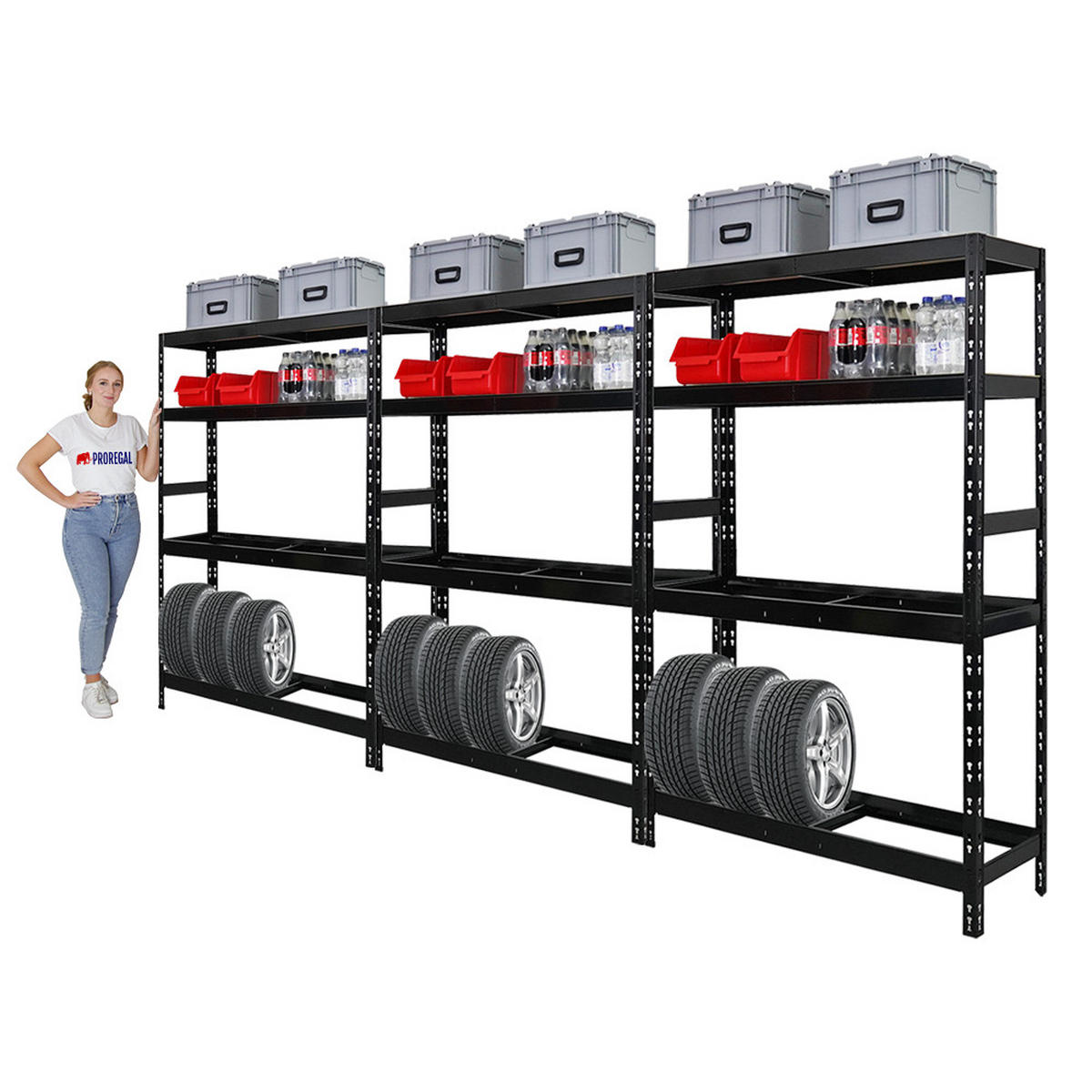 REIFENREGAL Tiger 3er-Set 180x120x40 cm bis zu 12 Reifen auf 2 Ebenen mit 2 Fachboden Schwarz - Schwarz, Metall (360/180/40cm) - PROREGAL