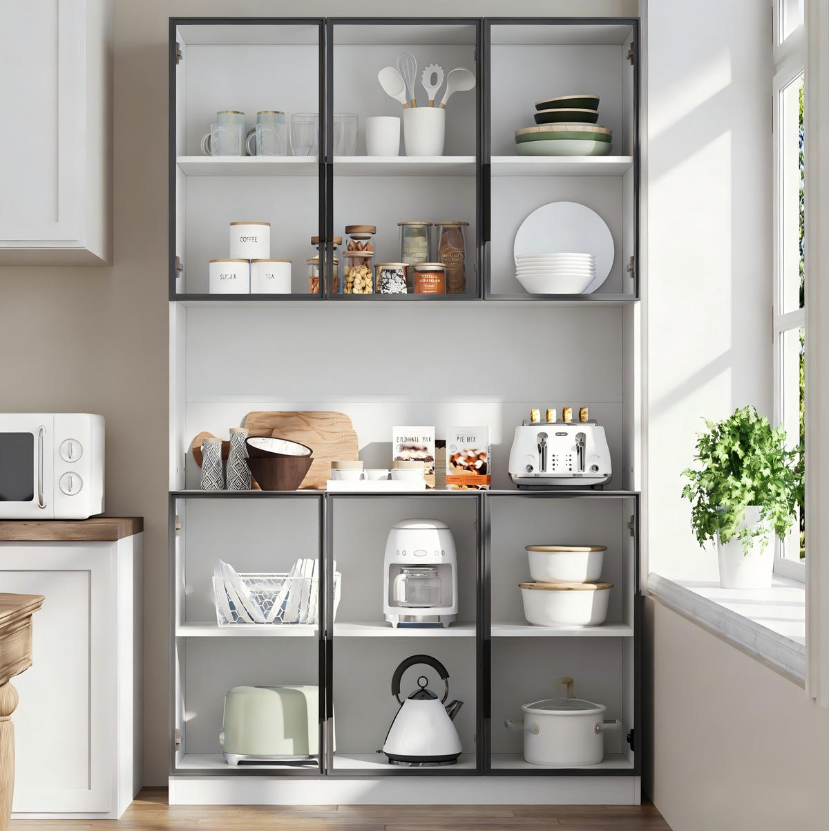 VITRINE 120/34/200 cm weiß aus MDF und Glas mit LED und 6 Türen - Weiß, Holzwerkstoff (120/200/34cm) - OKWISH