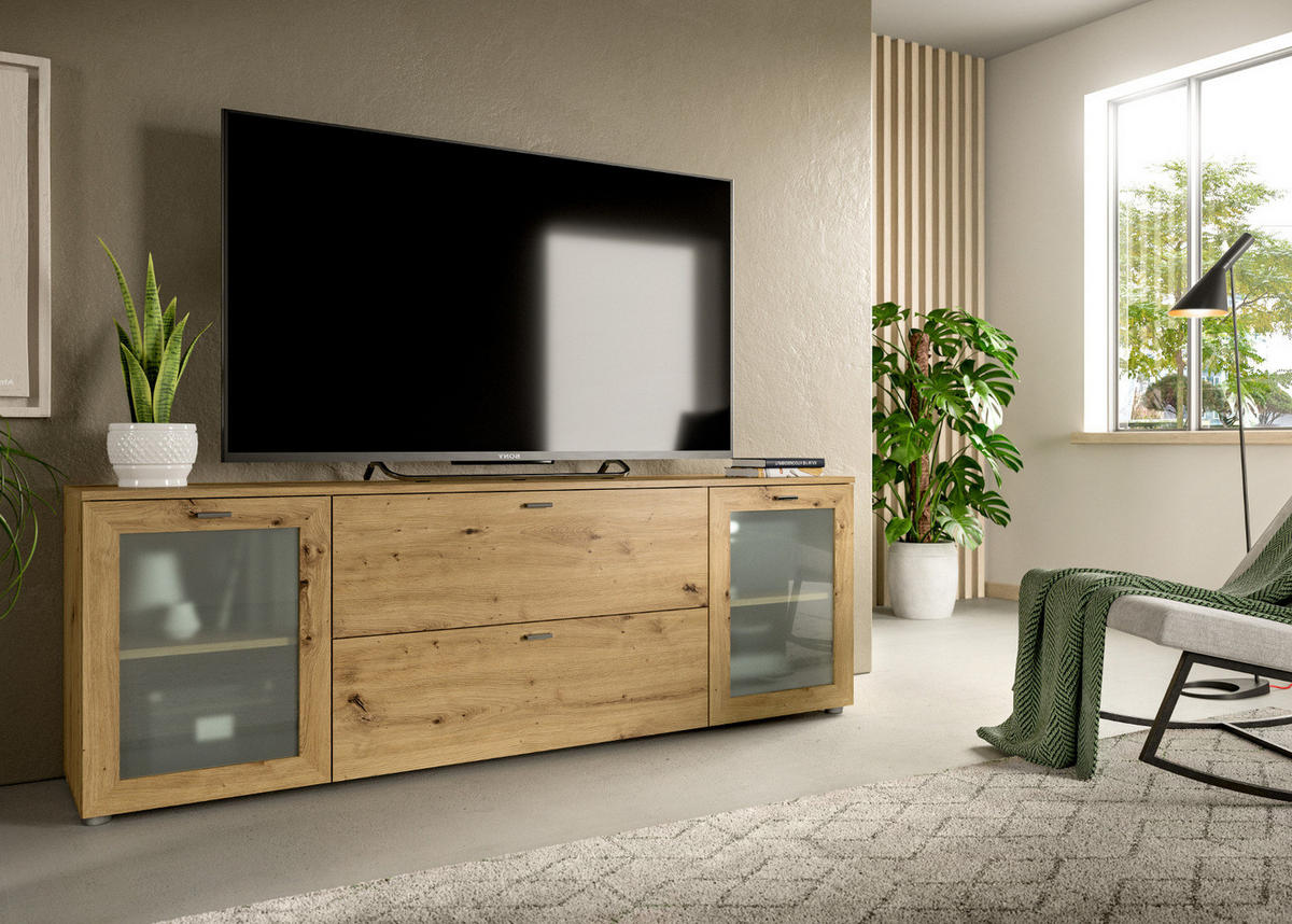 TV-LOWBOARD Eiche Artisan 180 cm, Flat-TV Unterschrank mit Komforthöhe - Silberfarben/Eiche Artisan, Glas/Holzwerkstoff (180/62/37cm) - Inn.Furn