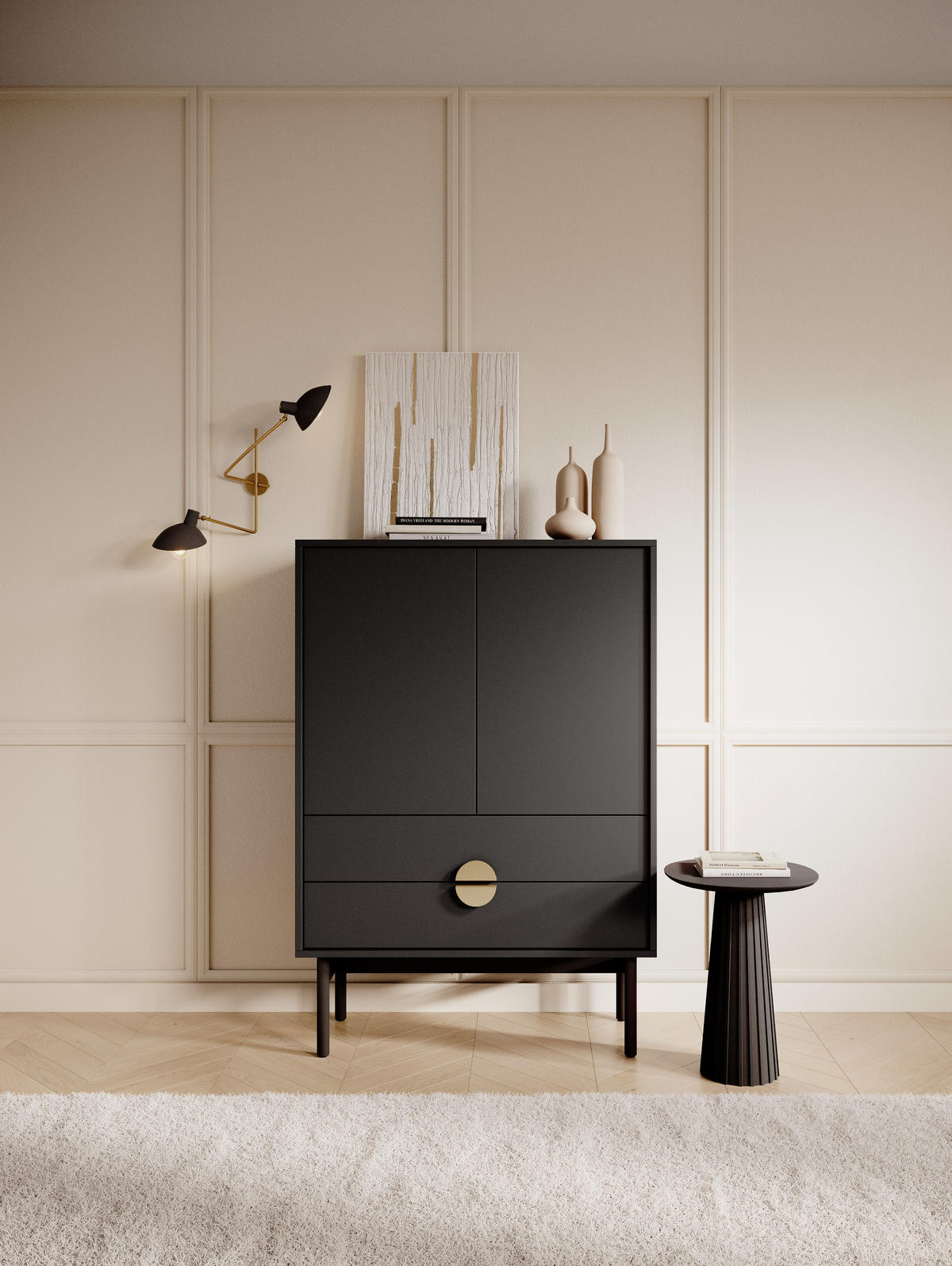 HIGHBOARD Stoon Schwarz 85 cm - Goldfarben/Schwarz, Holzwerkstoff/Metall (85.5/124/38cm) - Selsey