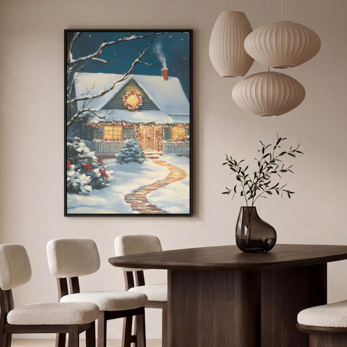 LEINWAND Bilder mit Rahmen - Weihnachten - Weihnachtsbaum - Winter - Zuhause - Schnee - 90x140 - Smaragdgrün, Textil (90/140cm) - MuchoWow