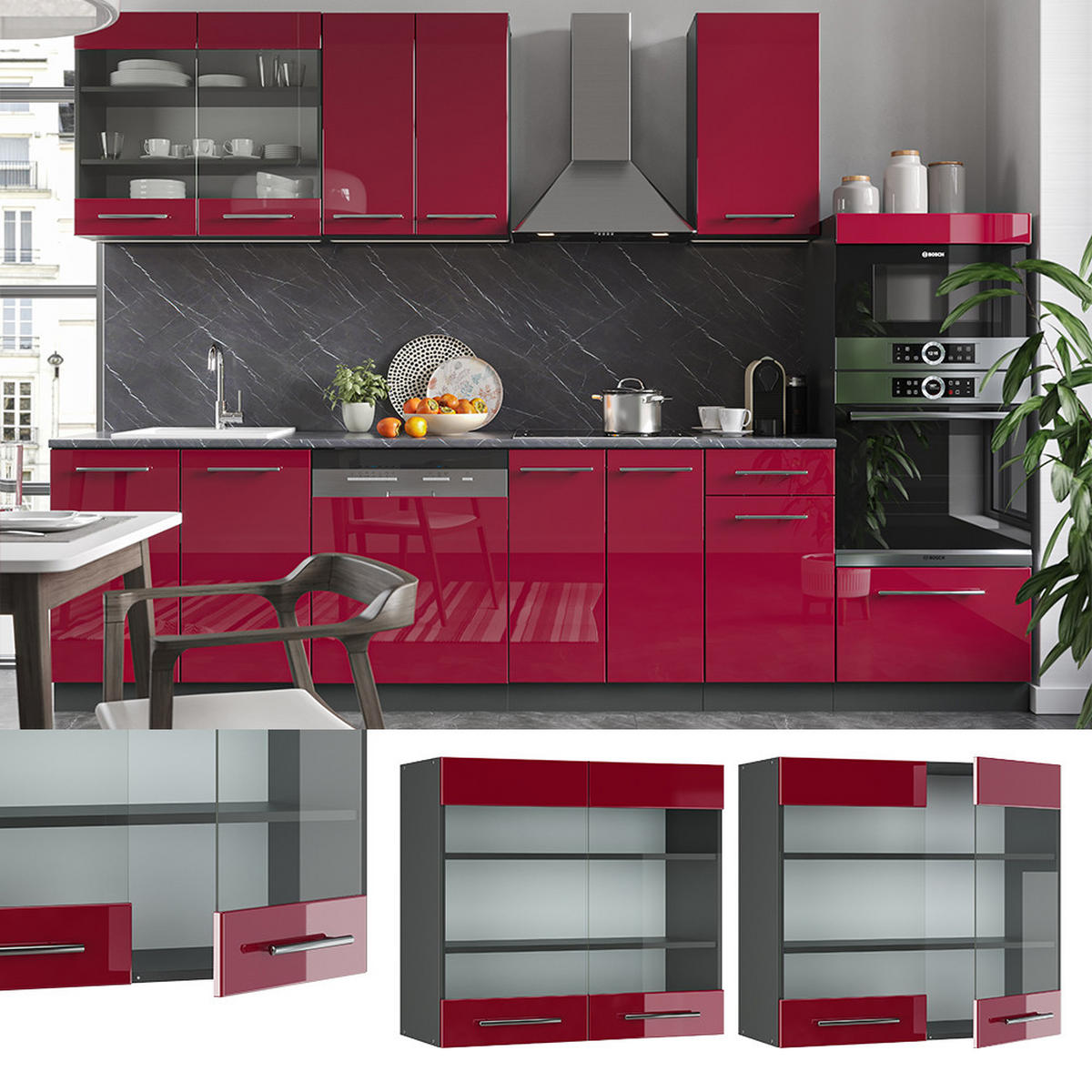 KÜCHENGLASSCHRANK Fame-Line Bordeaux Hochglanz 80 cm - Bordeaux/Anthrazit, Holzwerkstoff (80/72/34.1cm) - Vicco