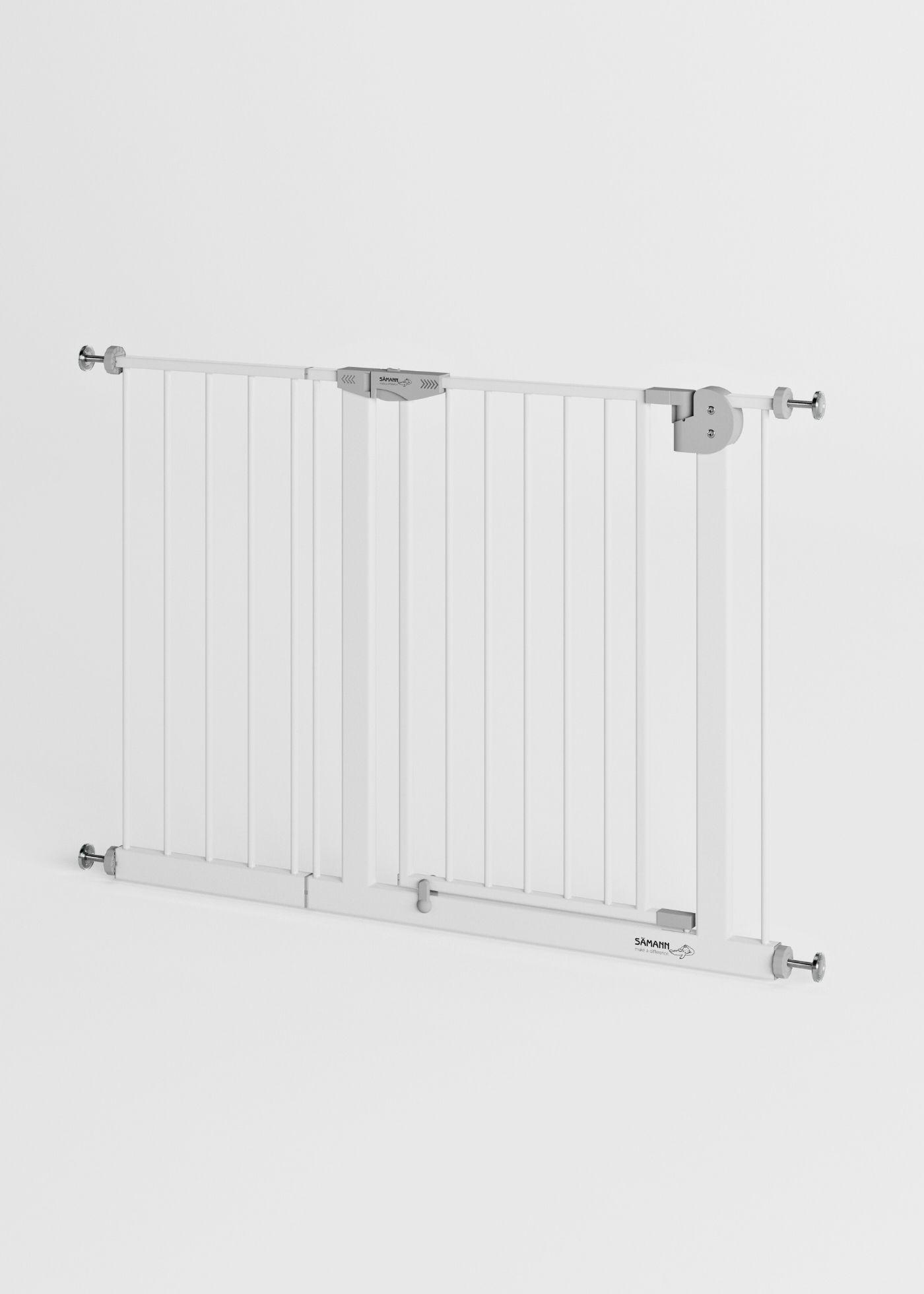 TÜRSCHUTZGITTER & Treppenschutz mit 4x Elefantenfuß, Tür mit 90° Stop, ohne Bohren 109-119 cm - Weiß, Metall (119/5cm) - Sämann – make a difference.
