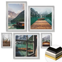 WANDBILDER 5er Set - 50x50 cm & 20x30 cm & 40x60 cm Silberner Rahmen - Berglandschaften, Ferienhäuser, Boote - Silberfarben, Kunststoff (40/60cm) - ArtPrintCave
