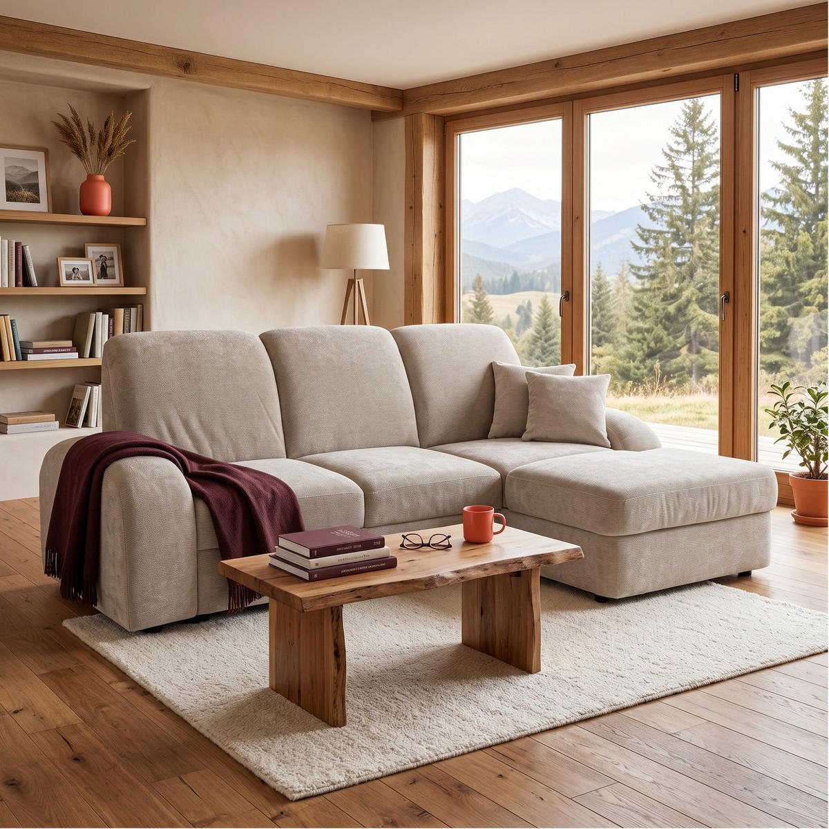 ECKSOFA VIBE S Rechts mit Schlaffunktion 130x202 Chenille Beige - Beige/Schwarz, Holz/Kunststoff (156/255cm) - Muffo