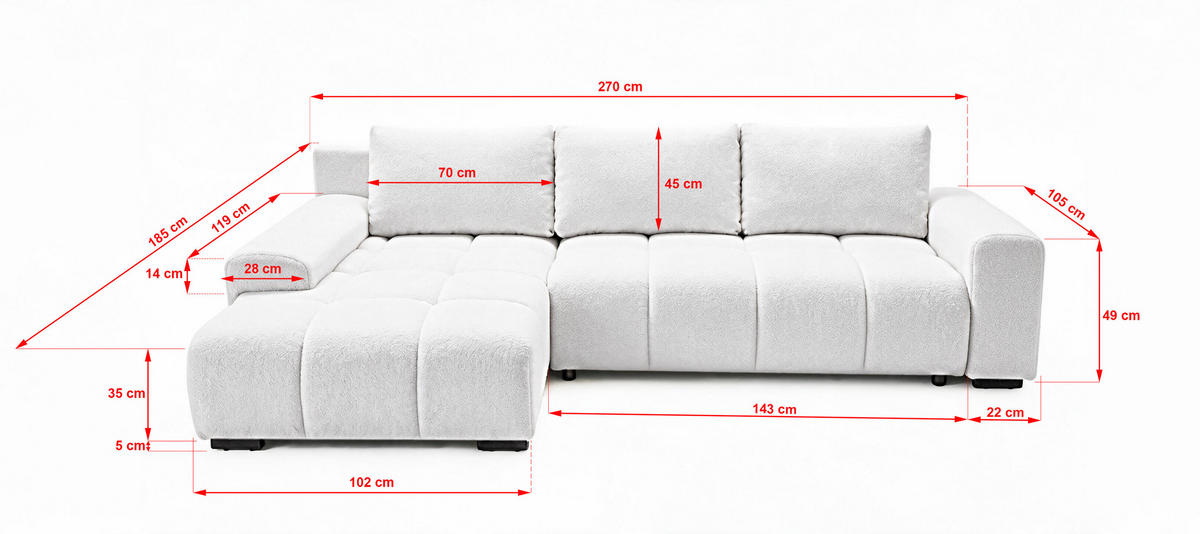 ECKSOFA Ovia mit Bettkasten und Schlaffunktion, Bouclé-Stoff in L-Form - Weiß, Textil (270/185cm)