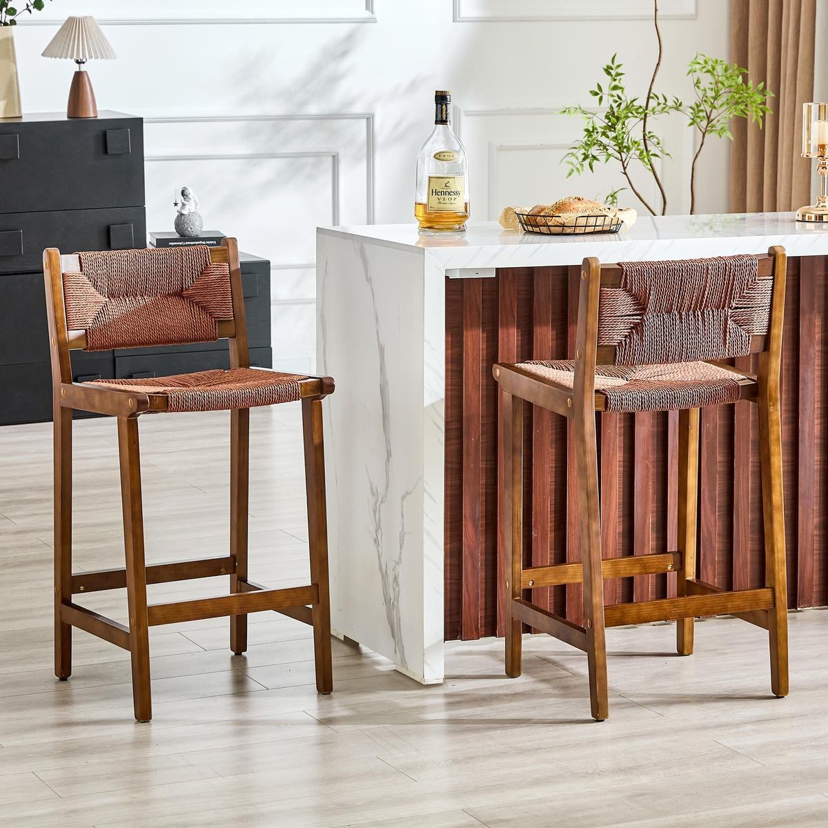 BARHOCKER Walnuss 2er-Set aus Massivholz mit Rückenlehne und Seilgeflecht - Walnussfarben, Holz (44/89/42cm) - PANGIVO