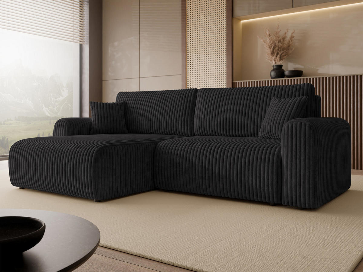ECKSCHLAFSOFA Floryn L Cord Bis - Schwarz, Holz/Kunststoff (245/145cm) - MIRJAN24