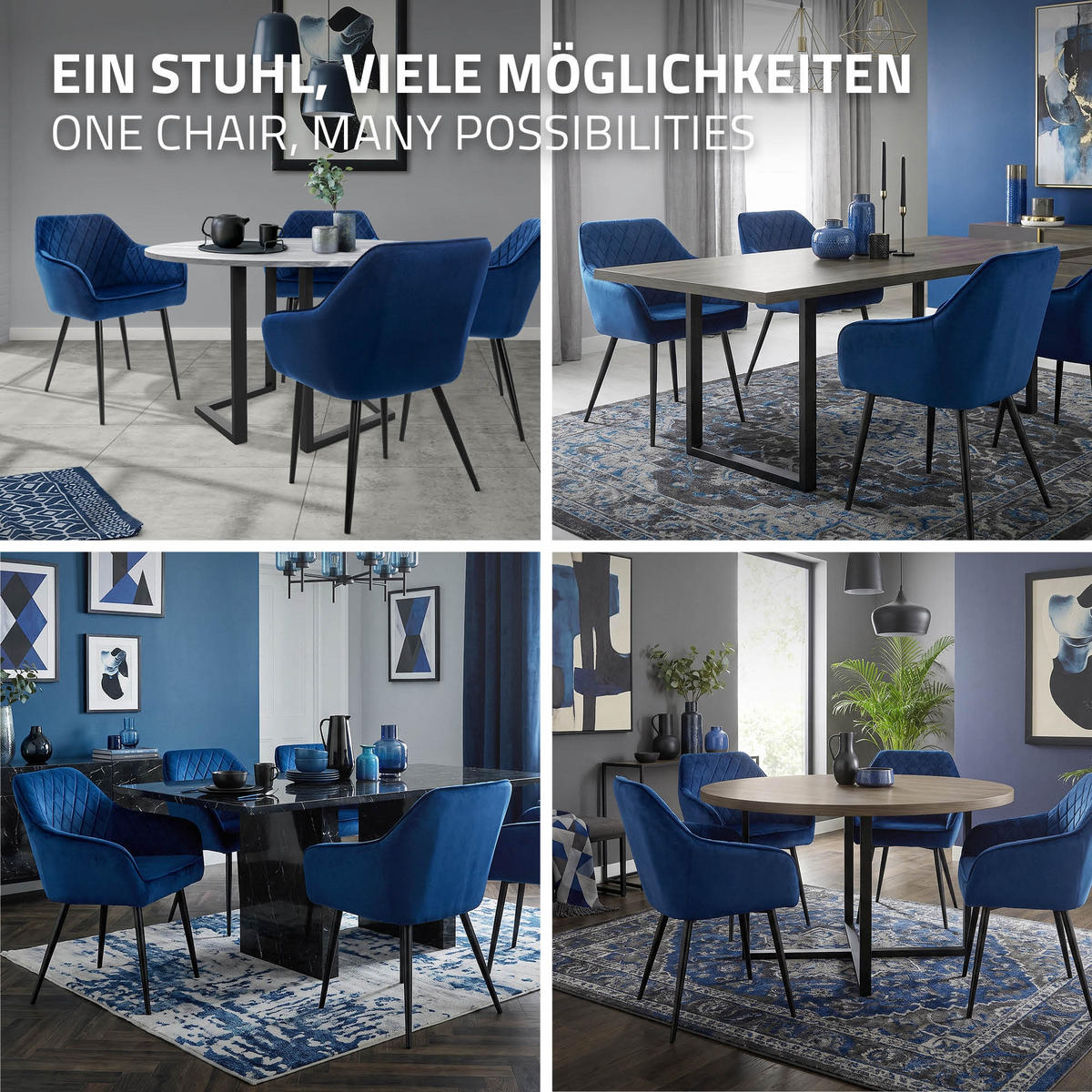 ESSZIMMERSTUHL 6er Set Dunkelblau Samt - Blau/Schwarz, Textil/Metall (63/80/60cm) - ML-DESIGN