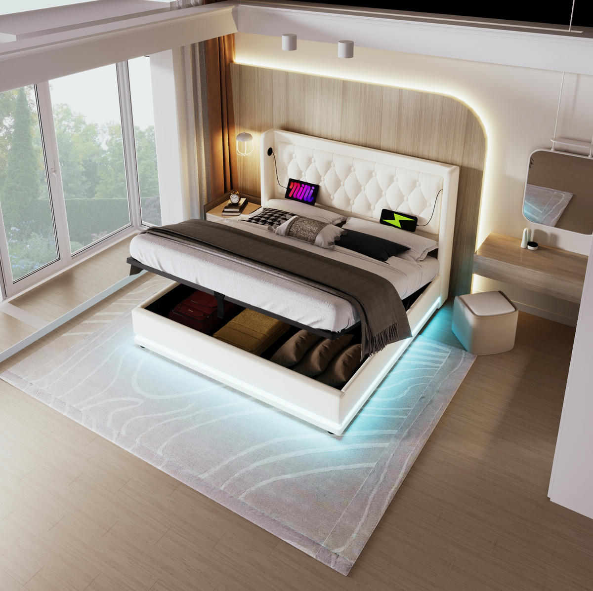 BETT mit Stauraum, LED und USB Typ-C 160x200 cm PU Weiß - Weiß, Metall (160/200cm) - Meubliv