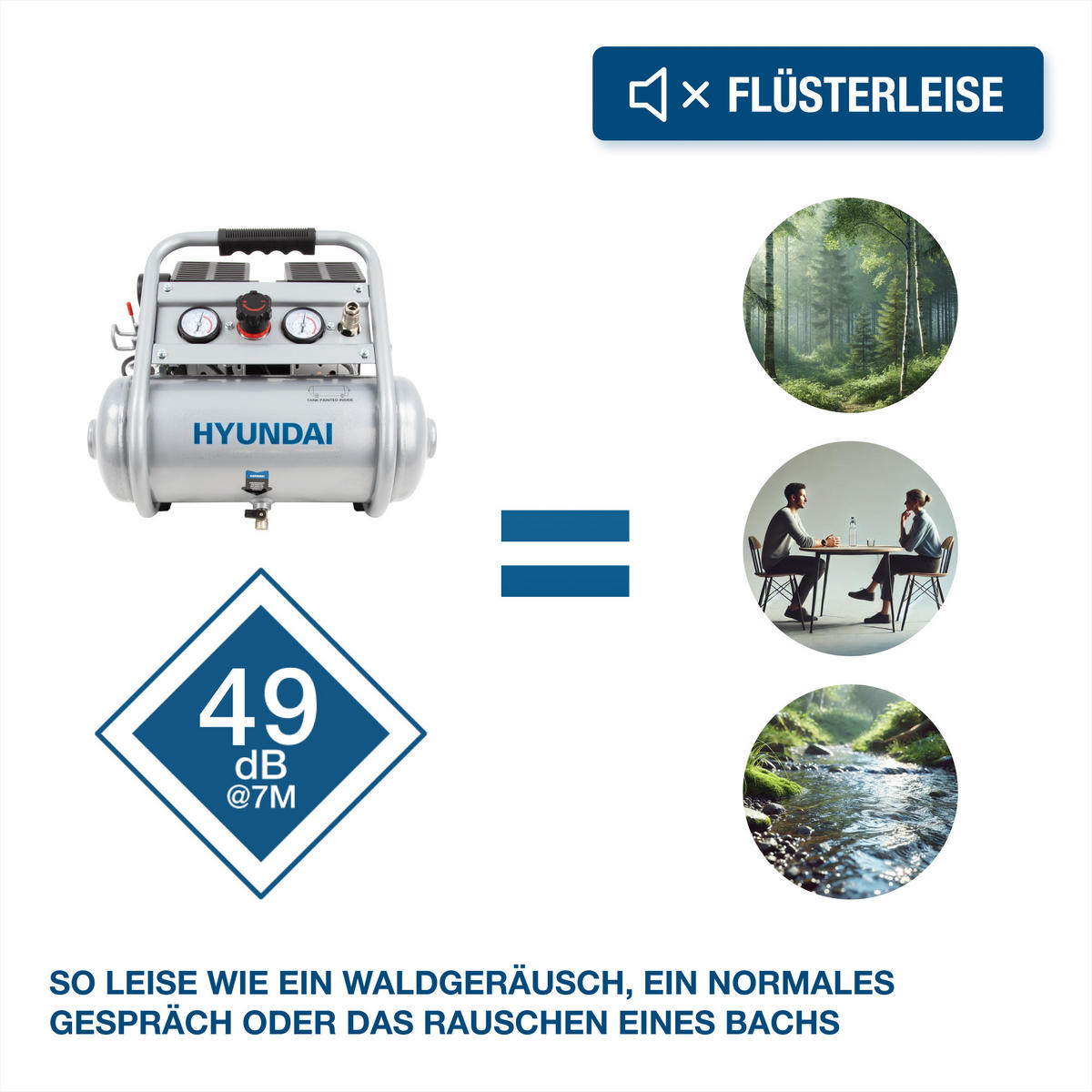 SILENT Kompressor SAC75008IC (9 bar, 8L, tragbar, ÖLFREI, 49 dB, 750 W / 1 PS) - Silberfarben, Metall (41/41/36cm) - HYUNDAI