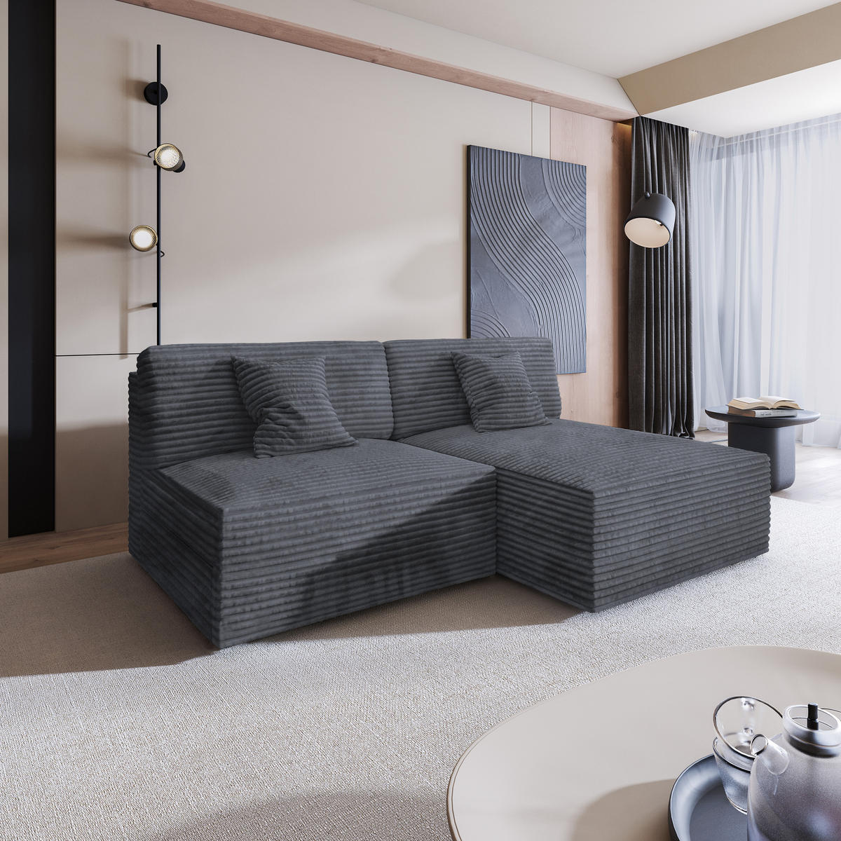 ECKSOFA FIORO Graphitfarben Kordstoff mit Schlaffunktion - Graphitfarben, Holz (204/148cm) - MASSENO