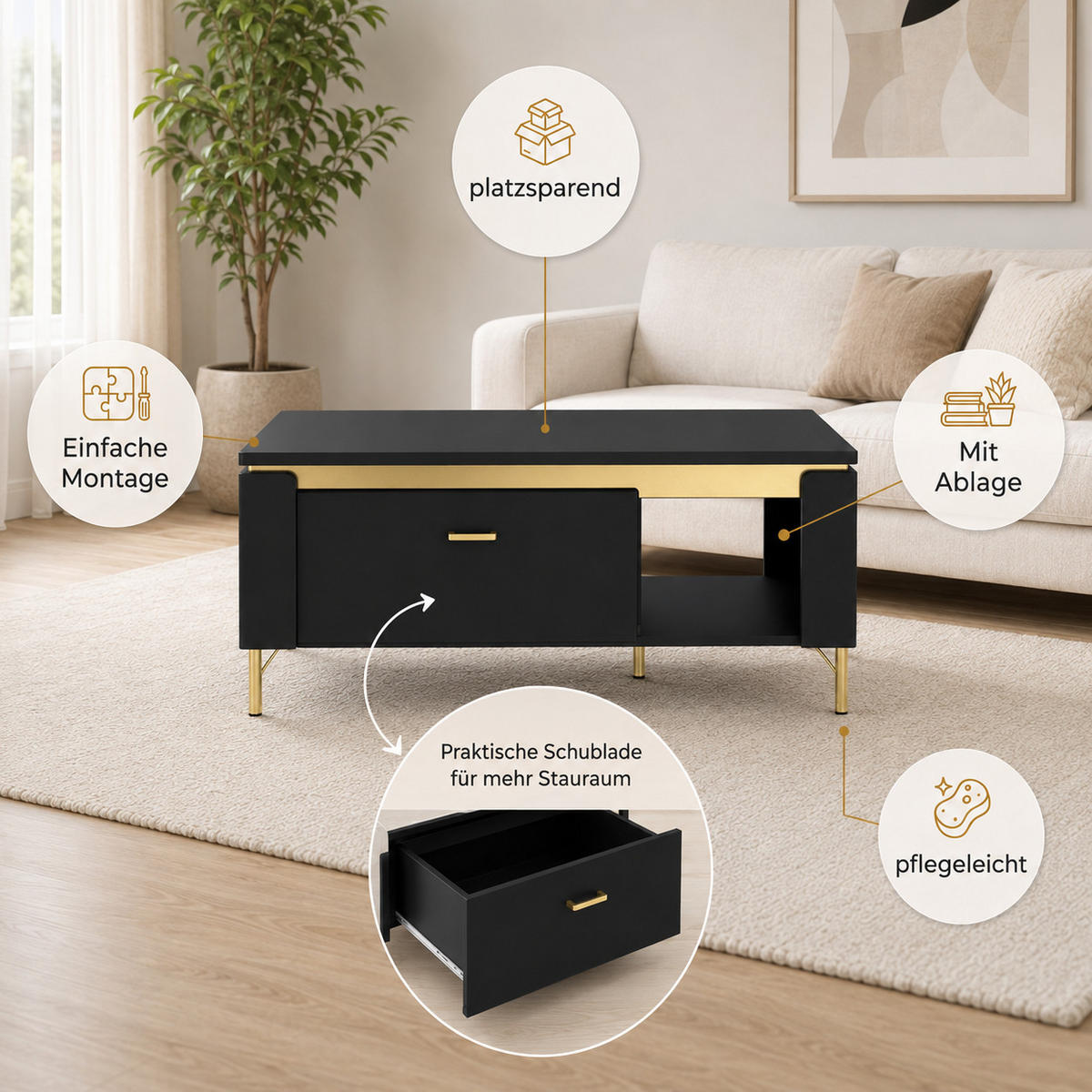 COUCHTISCH rechteckig Schwarz matt - Gold mit Staufach und Ablage - Goldfarben/Schwarz, Holzwerkstoff (65/110.04/46cm) - designimpex