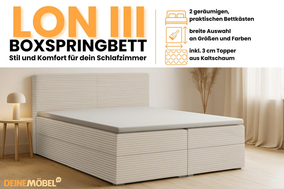 BOXBETT LON III 160/200 in Cord Ecru H3 - Ecru, Holz/Holzwerkstoff (160/200cm) - Deine Möbel 24