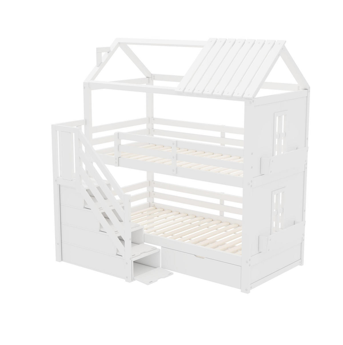 ETAGENBETT aus Kiefer und MDF 90x200 cm Weiß mit Stauraumtreppe, Schubladen und Regalen - Weiß, Holzwerkstoff (90/200cm) - Modfu
