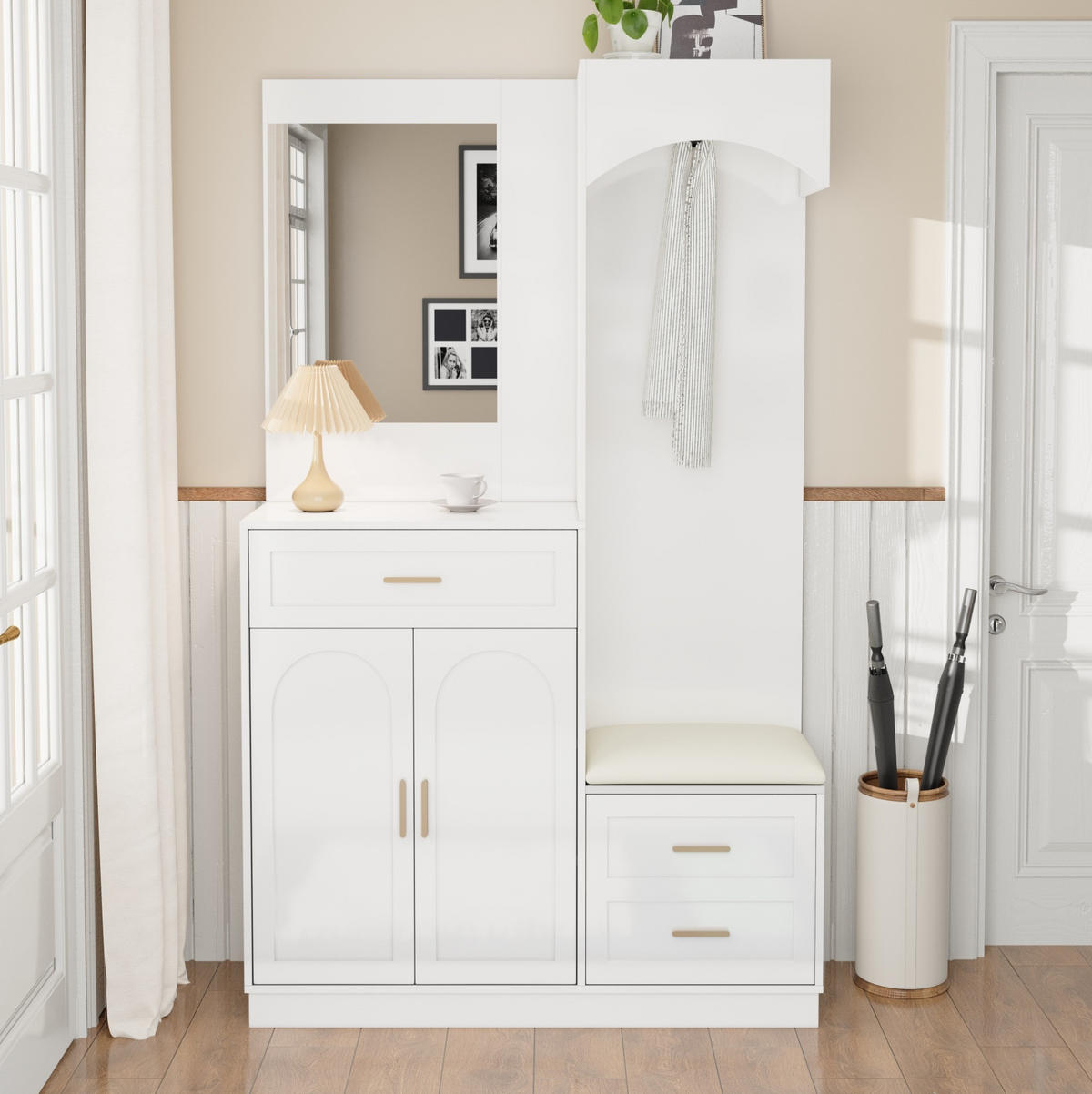 GARDEROBE mit Schuhschrank und Spiegel 110 x 33 x 185,5 cm Weiß - Weiß, Holzwerkstoff (33/185.5/110cm) - Beauniv