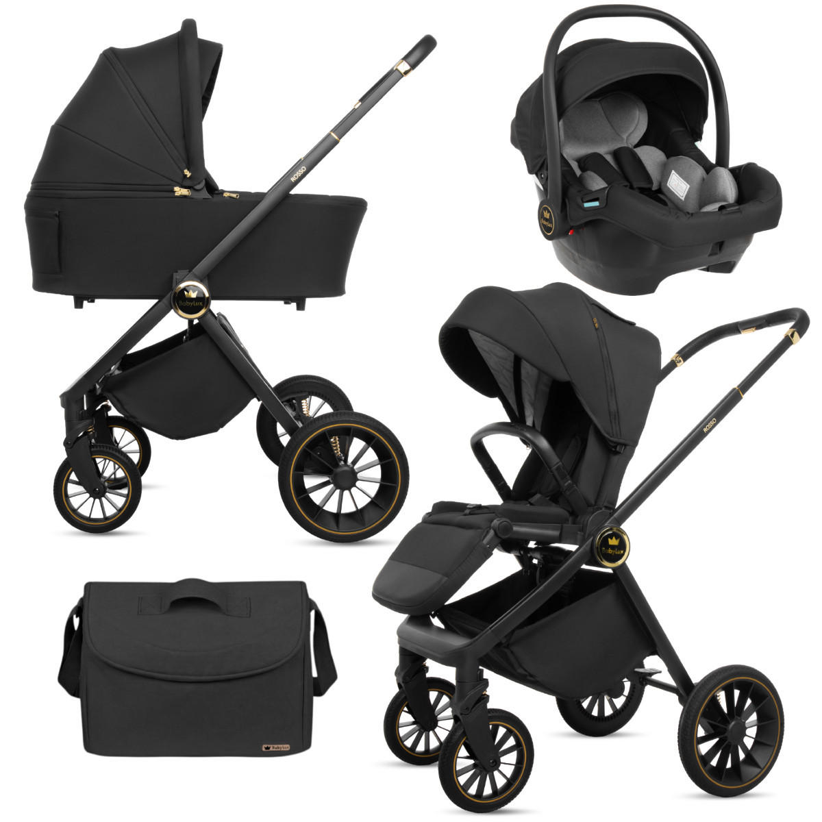 KINDERWAGEN Rosso 3in1 Schwarz Babywanne, Buggy Sportsitz, Babyschale I-Size - Schwarz, Textil/Metall (58/99cm) - BabyLux