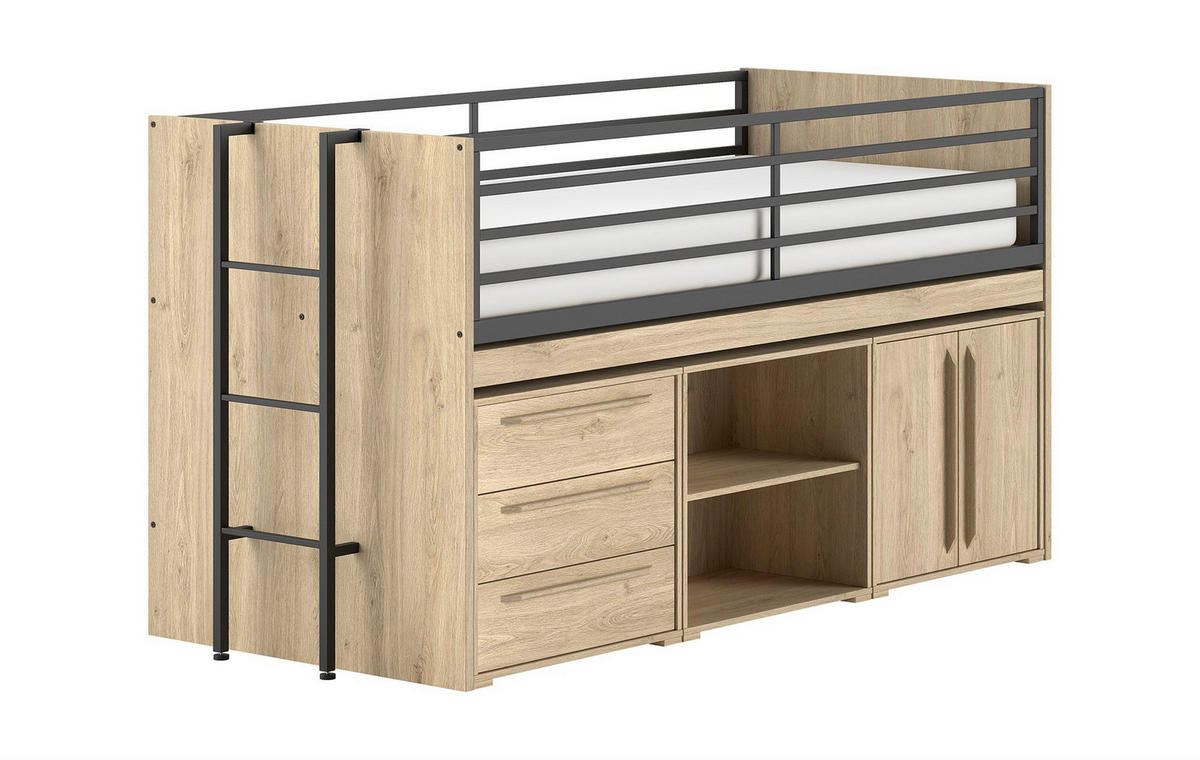 HALBHOCHBETT 90x200 Keelia Eiche mit Schreibtisch Stauraum Set - Eichefarben, Kunststoff - 58aufmkessel