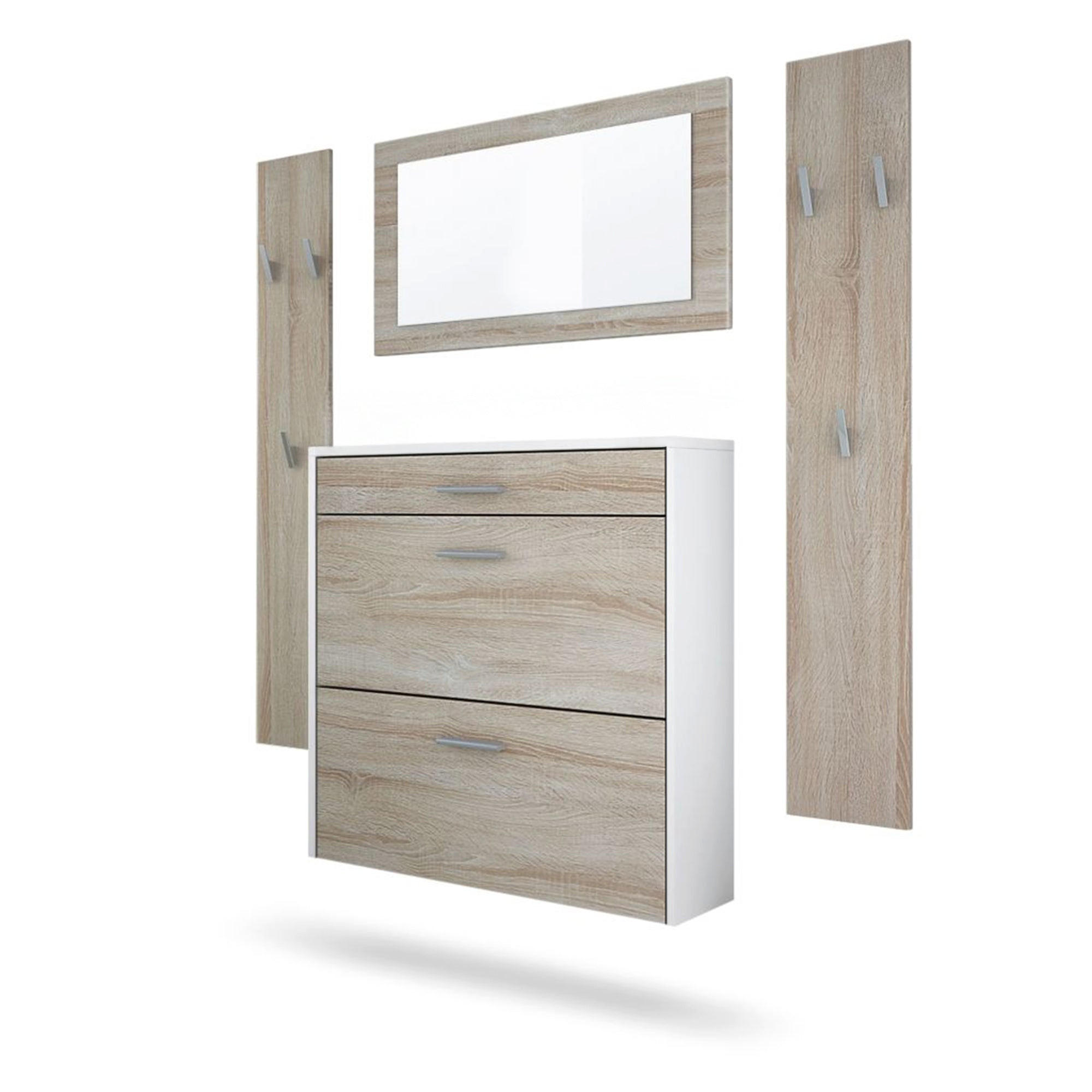 GARDEROBEN-SET Roma Air 4-teilig, Moderne Flurgarderoben Set mit Schuschrank, 2 Wandpaneele und Wandspiegel, Weiß matt/Eiche Sägerau - Eiche San Remo, Holzwerkstoff (190/200/23cm) - InnoFurn