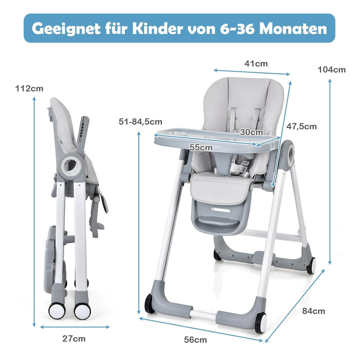KINDERHOCHSTUHL Grau - Grau, Kunststoff (56/104/84cm) - COSTWAY