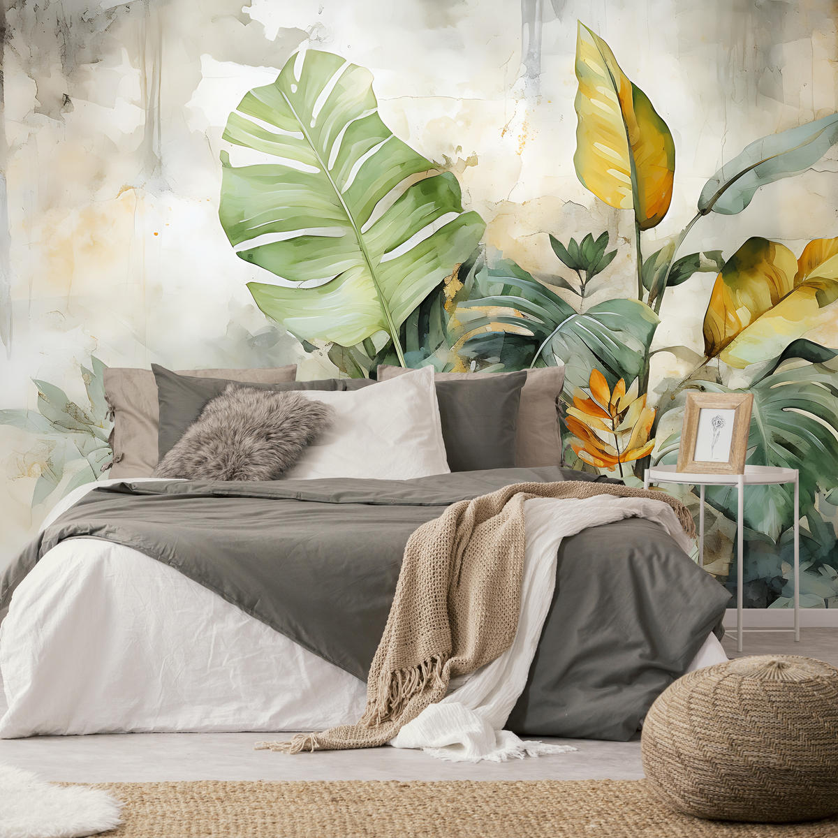 FOTOTAPETE für Wohnzimmer Tropische Blätter Aquarell Abstrakt 150x105 - Gelb/Beige, Papier (150/105cm) - Muralo