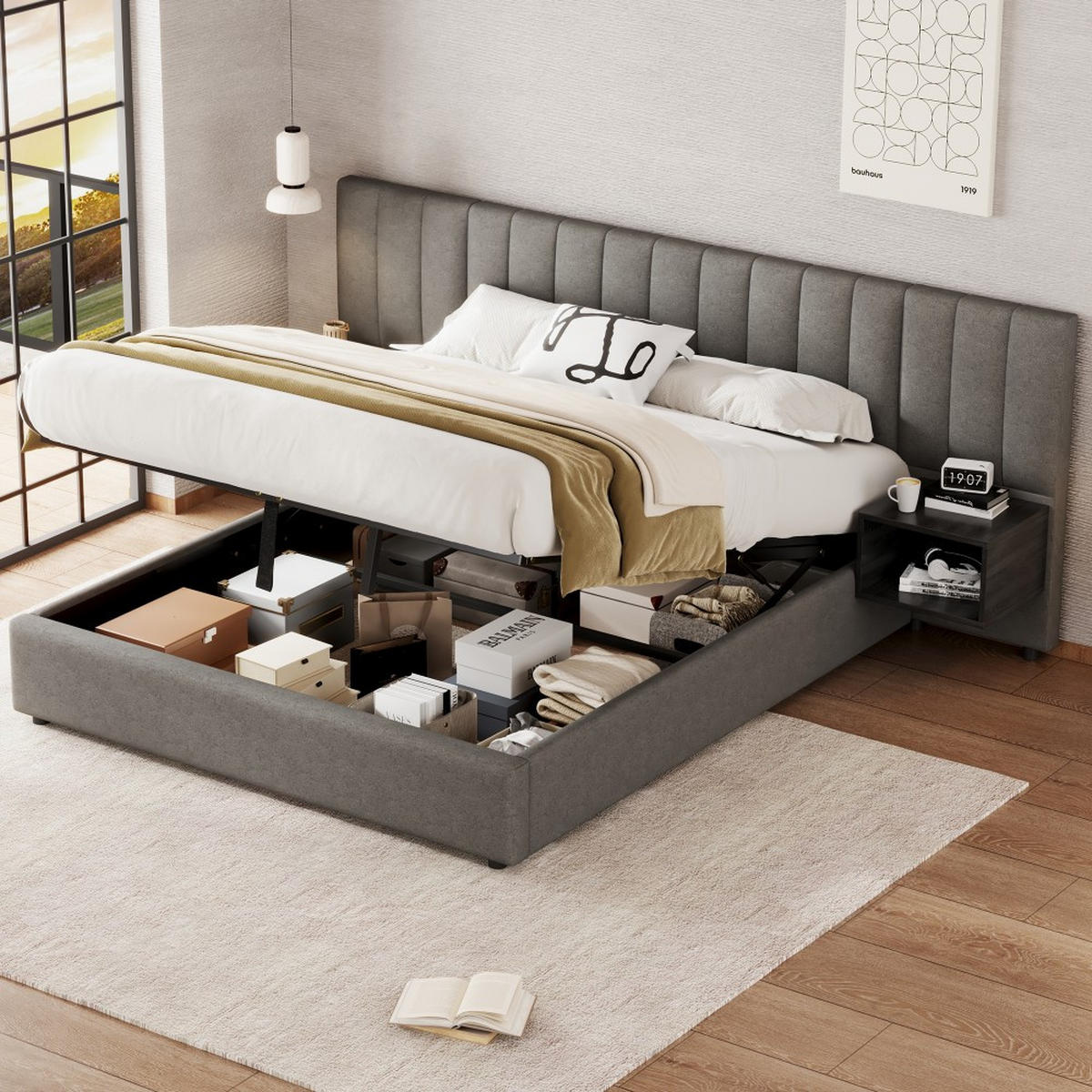POLSTERBETT 160x200 cm in Grau Leinen mit zwei Nachttischen - Grau, Holz/Textil (160/200cm) - KOMHTOM